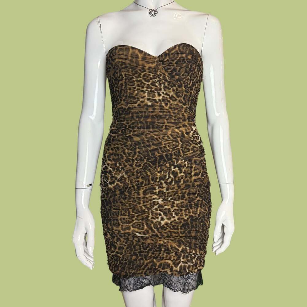 BCBGMaxAzria Leopard Print Ruched Bovary Dress with Lace Trim - Picture 2 of 8